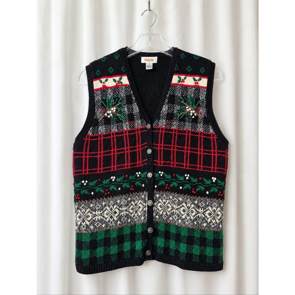 Vintage Talbots Black Plaid Button Front Embroidered Holiday Knit Sweater Vest